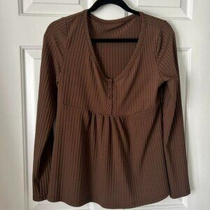 Brown Ribbed Long Sleeve Top